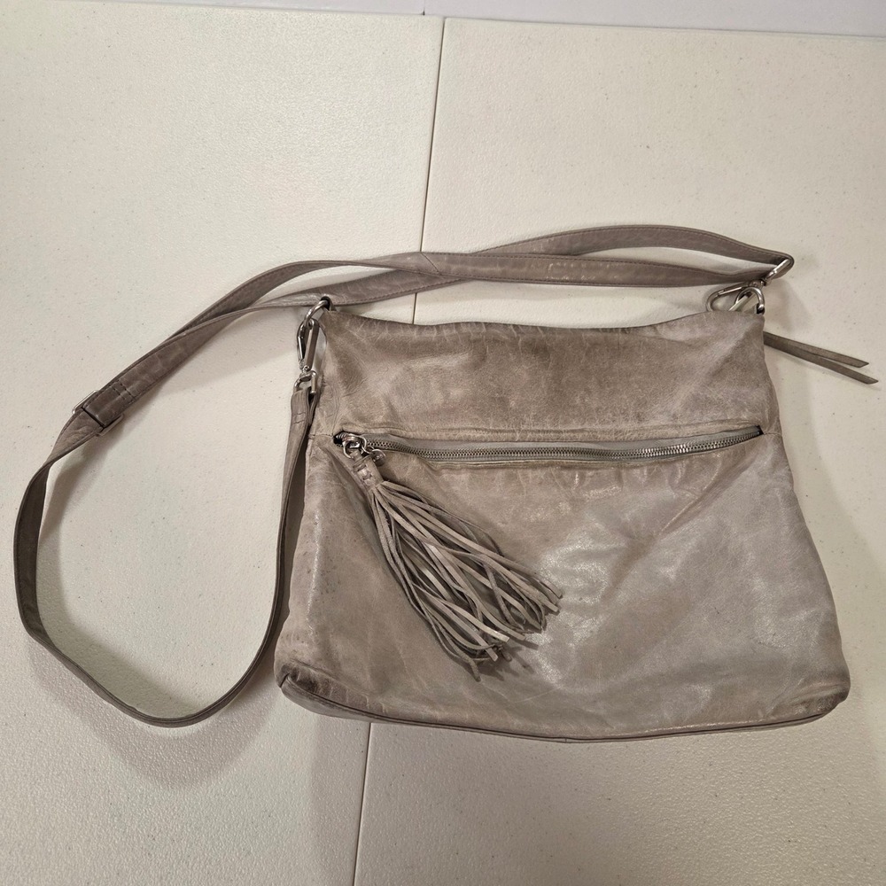 Hobo The Original Gray Leather Tassel Crossbody Messenger Bag Floral Lining